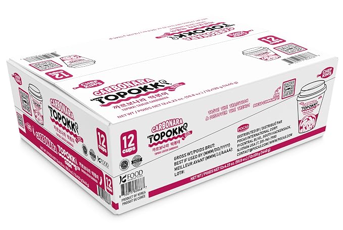 POCAS Chef Kim's Korean Instant Topokki Rice Cake Cups, Microwaveable Rice Cake Snack, Ready in 3 Minutes, 4.2 oz (120g) per Cup, 12 Tteokbokki Cups per Case, Authentic Korean Street Food. (Carbonara)