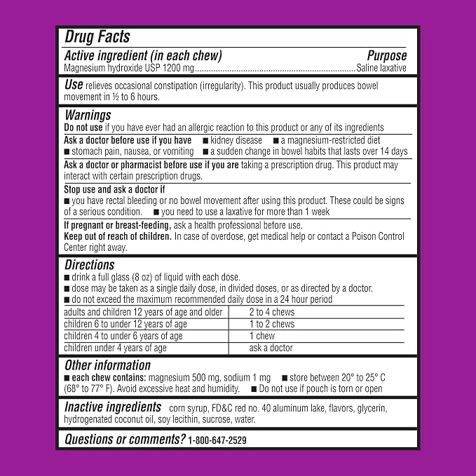 MiraFAST Soft Chews, from the Makers of MiraLAX, Gentle Constipation Relief, Fast Acting, Stimulant Free Saline Laxative, Magnesium Hydroxide, Blueberry & Raspberry Flavor, 60ct