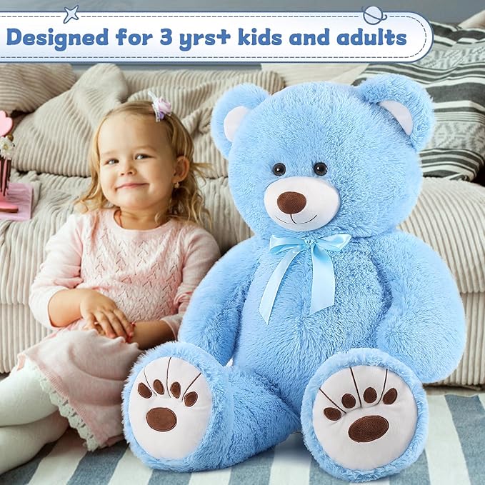 MorisMos Giant Blue Teddy Bear Plush, 36in Large Stuffed Animal for Baby Shower, Life Size Bear for Kids, Girls, Girlfriend on Birthday, Valentine's