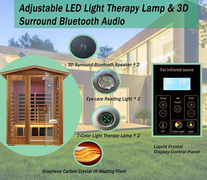 LTCCDSS Ultra-Low EMF Outdoor Sauna 2 Person, Mahogany Far Infrared Sauna for Home, Withstand Outdoor Temp -10℉-149℉| EMF Readings Below 0.5mG, 9 Low EMF Boards-Chromotherapy-Bluetooth Speaker