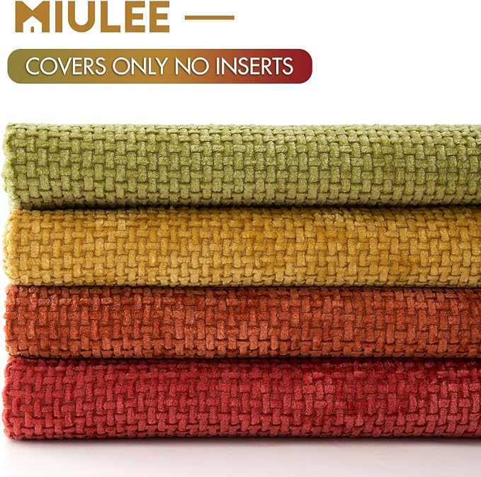 MIULEE Soft Decorative Chenille Fall Pillow Covers Rust Yellow Green 18x18 | Pack of 4, Rustic Decor, Autumn Harvest Set, Couch Throw Pillows, Farmhouse Boho Cushion Covers for Sofa Bed Living Room