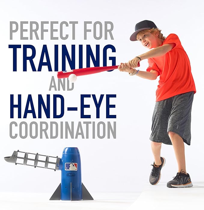 Franklin Sports MLB Kids Pitching Machine - POP ROCKET Kids Baseball Trainer - Includes 5 Plastic Baseballs & Baseball Bat, Multicolor Medium