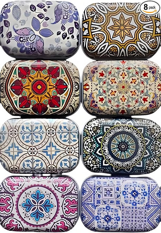 8Pcs Metal Hinged Tin Box Container Floral Farmhouse Rustic Mini Portable Small Storage Container Kit with Lid for Home Storage 2.1x1.5x1 Inch (Multicolor)