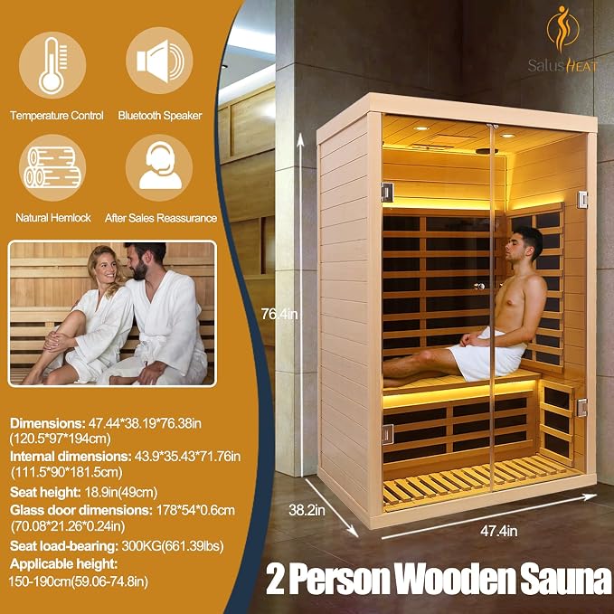 2 Person Infrared Sauna, Low EMF Far Infrared Sauna Hemlock Wooden Sauna for Home, 1780W Indoor Sauna with App & LCD Panel Control, Tempered Glass Doors