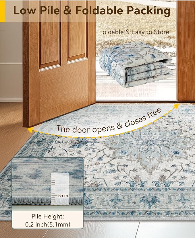 RELEANY Area Rugs Runner 3'x10' Washable Non-Slip, Floral Vintage Distress Medallion Carpet for Kitchen Hallway Bedroom Beside Laundry Room Bathroom, Light Blue Navy Gray White