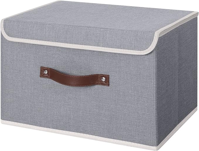 ANMINY Fabric Storage Box Bins with Lids, Gray, 15"x10"x10" | Keepsake Memory Storage, Cotton Linen, PP Board Reinforced, Washable, PU Handles, Foldable & Stackable, Decorative, Large