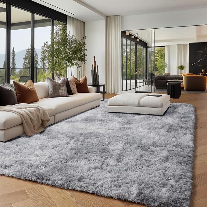 PAGISOFE Abstract Shaggy Washable Area Rug 4' x 6' Plush Soft Fluffy Fuzzy Furry Carpet for Living Room, Home Decor Aesthetic Tie-Dyed Light Grey Bedside Rugs, Nursery Grils Boys Kids Room