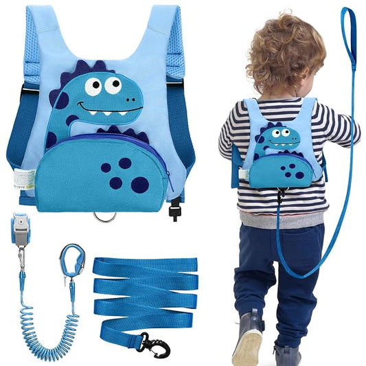 Dr.meter 3 in 1 Toddler Harness Leash + 8.2ft Anti Lost Wrist Link, Cute Dinosaur Kids Safety Harness with Key Lock, Child Walking Harness Assistant Strap for Outdoor Activity Travel