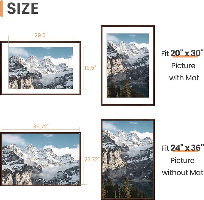 upsimples 24x36 Poster Frame, Display Pictures 20x30 with Mat or 24 x 36 Without, Wall Hanging Picture Frames, Brown, 1 Pack