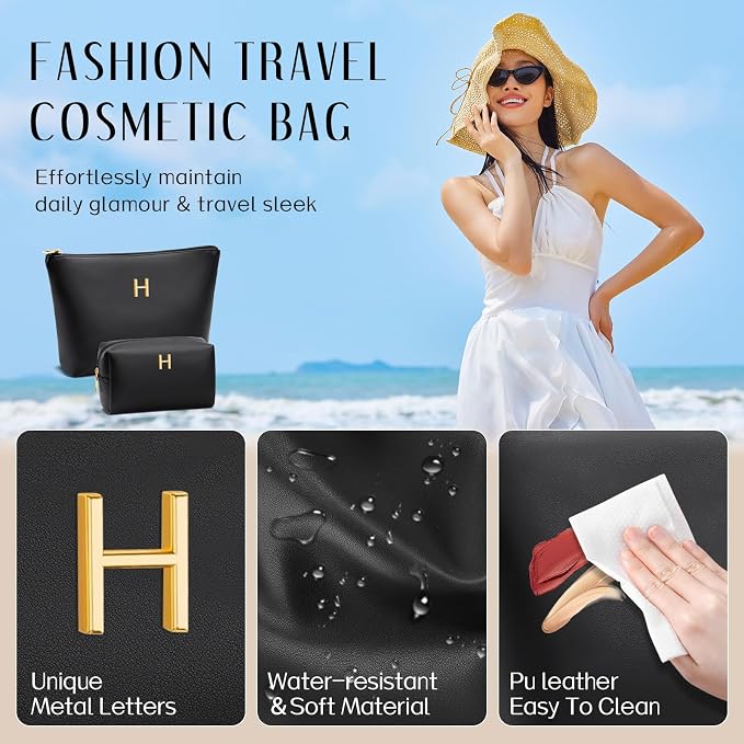 Women Gifts | Initial Makeup Bag for Girl Personalized Gifts for Bridesmaid Friend PU Leather Cosmetic Travel Toiletry Bag(Black,H)