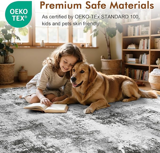 2x6 Ft Washable Runner Rug, Non-Slip Low Pile Hallway Kitchen Area Rug, Soft Long Entryway Floor Mat Abstract Pattern Carpet for Bedside & High-Traffic Areas (Grey)