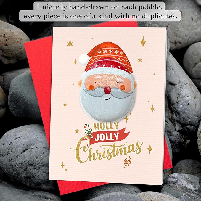 Handmade Vintage Santa Christmas Greeting – Retro Holiday Design with Envelope – 1950s Style Christmas Stationery, Pebble Art Nostalgic Keepsake for Holiday Gifting