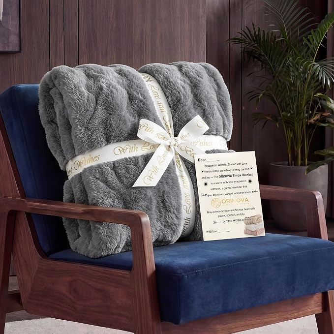 ORINOVA Gray Blanket Twin Size 60x80 Soft Fluffy Faux Fur Bed Cover Fuzzy Plush Bubble Throw for Couch Warm Cozy Bedding for Bedroom, Dorm and Guest Room Decor