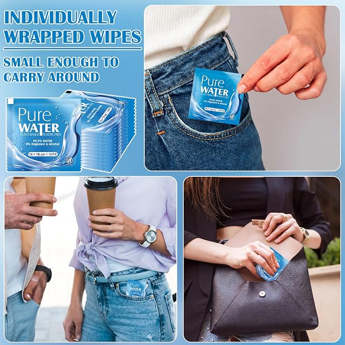 Loopeer 150 Pack Water Travel Size Wet Wipes Individually Wrapped Unscented Feminine Wipes Pocket for Women Period, Face, Hand, Body Quickly Cleaning Travel Gym Camping Supplies