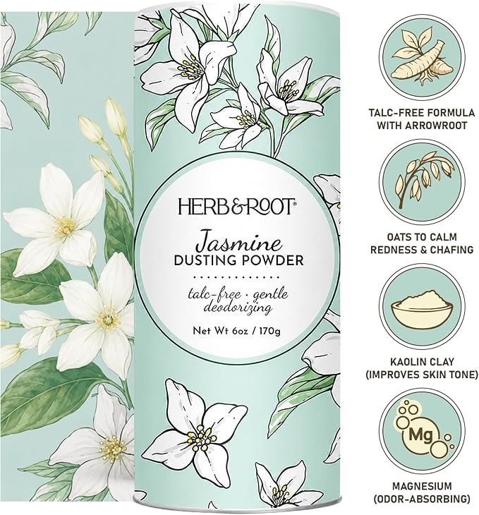 Herb & Root Talc Free Body Dusting Powders. Rose, Vanila, Sandalwood, Lavender, Jasmine, and Gift Sets (Full Size, Jasmine)