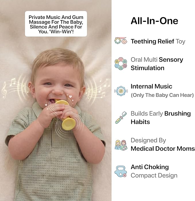 Vibrating Baby Teether & Toothbrush l Teething relief & Bone conduction music l Soft BPA-Free Silicone baby teethers, oral sensory chew toys for kids & babies,Teething Toys 9-24 Months, Yellow