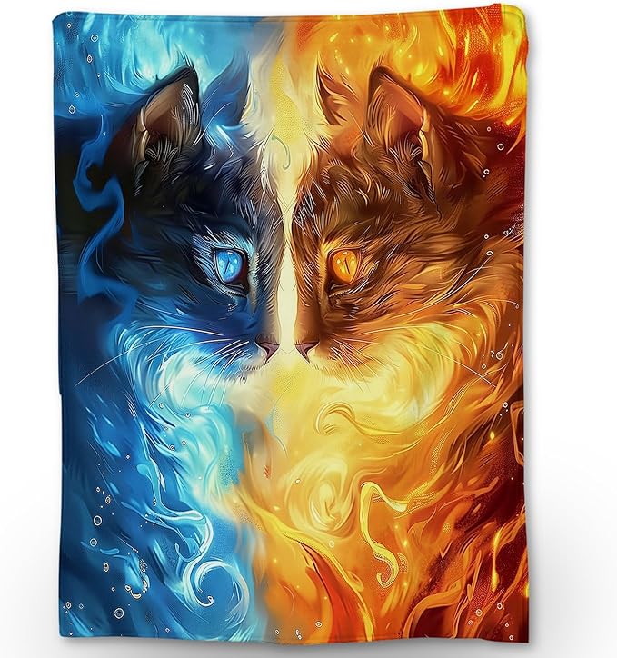Water & Fire Cat Blanket, Soft Warm Lightweight Flannel Throw Blanket for Couch, Bed, Travel & Outdoor, Cozy Fluffy Fuzzy Blankets for Women Men, Home Decor 50×40 in
