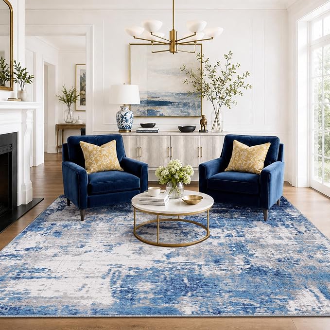 RELEANY Washable 4'x6' Abstract Area Rug for Living Room Blue Gray | carpet for bedroom, kitchen, office, hallway and entryway, printed pattern, non-slip, soft, stain-resistant, easy to clean