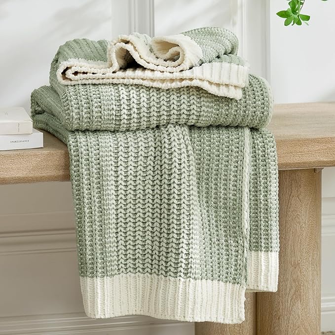 Amélie Home Premium Chenille Throw Blanket, Soft Cozy Luxury Two-Tone Knit Blanket for Couch, Sofa, Chair, Home Decor, Sage Green & Ivory 50"x60"