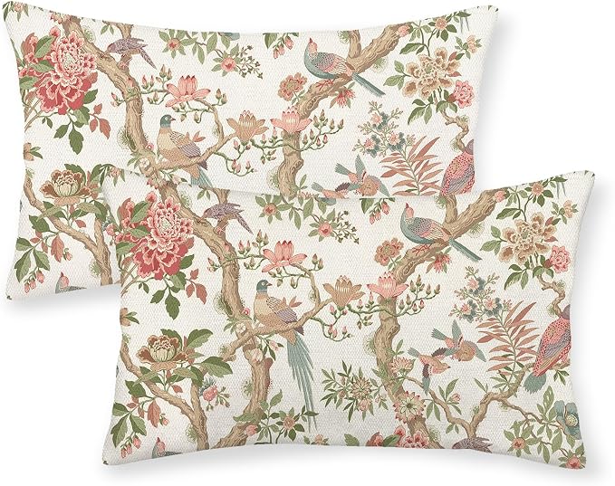 Chinoiserie Pillow Covers 12x20 Set of 2 Pink Green Bird Floral Throw Pillows Vintage Pink Flower Bird Decorative Pillow Cases Outdoor Chinoiserie Decor Farmhouse Cushion Case for Couch Sofa