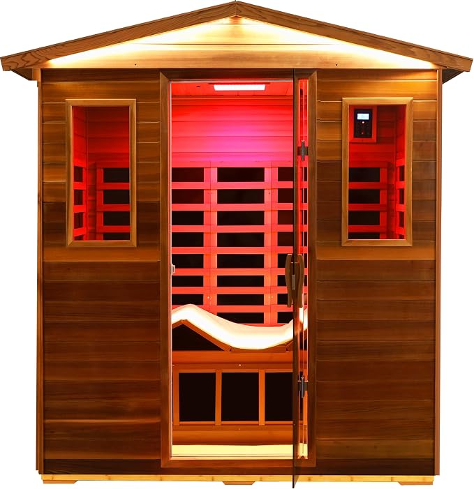 LTCCDSS Full Spectrum Ultra-Low EMF Outdoor Sauna 3-Person, Red Cedar Far Infrared Saunas for Home, Near&Mid-IR Light, EMF 0.1-3mG, Bluetooth & Chromotherapy