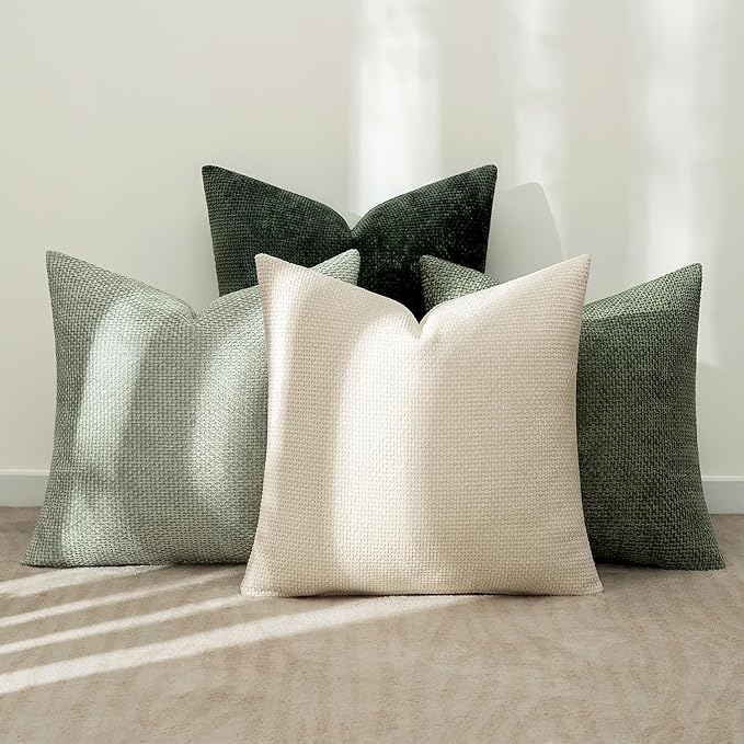 MIULEE Soft Decorative Chenille Pillow Covers Green 18x18 Pack of 4 | Nordic Home Decor, Nature-Inspired Green Set, Couch Throw Pillows, Farmhouse Boho Cushion Covers for Sofa Bed Living Room