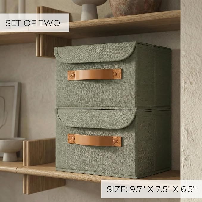 Decorative Linen Storage Boxes with Lids - Spacious Set of 2 Organizer Bins | The Perfect Small Container for Home Decor - Safely Store Photos, Documents and Memory Box Keepsakes in Style