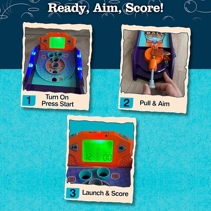 Alley Ball Game — Electronic Roll & Score Tabletop Arcade, Auto Scoring with Lights & Sound, Pull-Handle Launcher — 1-2 Players, Mini Arcade Game for Kids