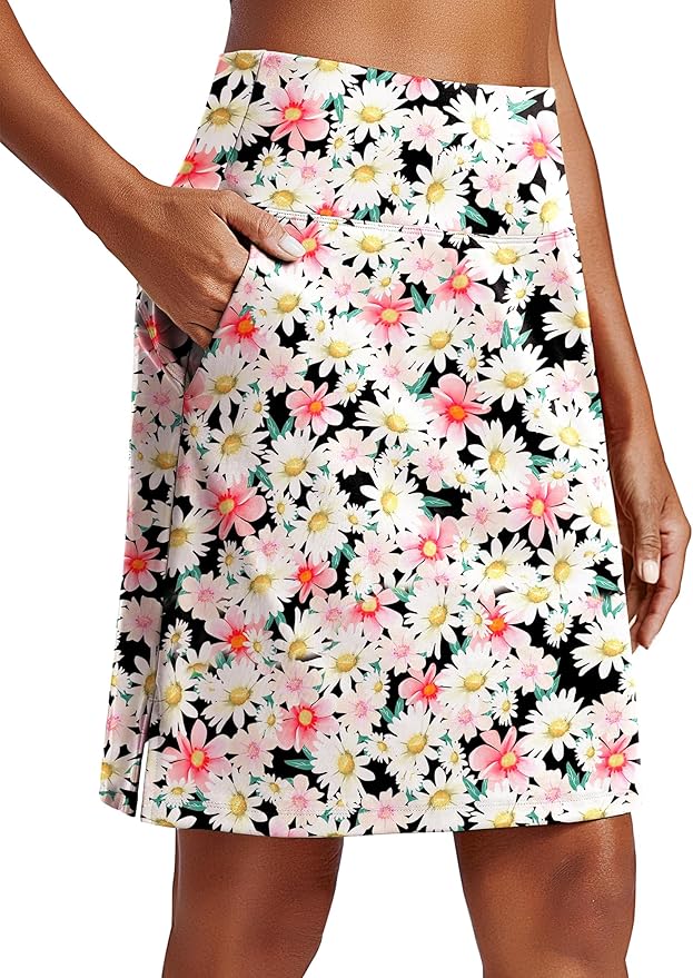 PINSPARK 20" Skorts for Woman Knee Length UPF 50+ Golf Skirts | 4 Pockets, Built-in Shorts, High Waisted, Split Hem, Silky-smooth, Moisture-wicking, for Golf Athletic Tennis Workout Casual