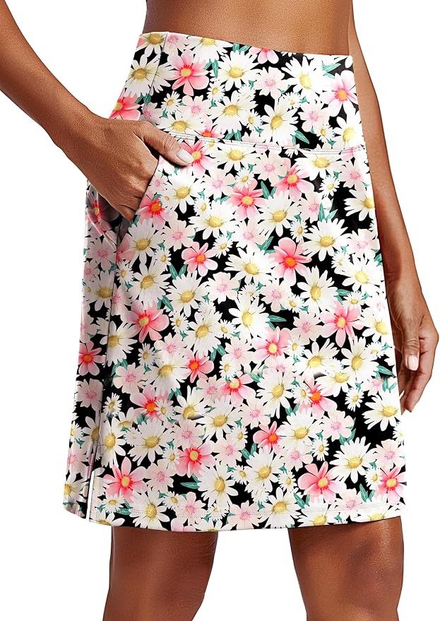 PINSPARK 20" Skorts for Woman Knee Length UPF 50+ Golf Skirts | 4 Pockets, Built-in Shorts, High Waisted, Split Hem, Silky-smooth, Moisture-wicking, for Golf Athletic Tennis Workout Casual