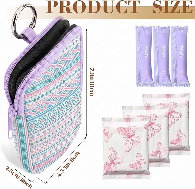 2 Pack Portable Tampon Holder Zippered Pouch with Snap Hook, Waterproof Travel-Friendly Discreet Period Bag, Feminine Products Organizer for Women Purse (Bohemia)