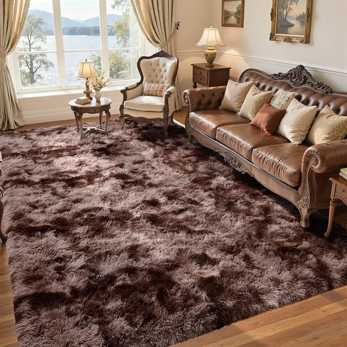 6x9 Brown Rugs for Living Room Fluffy Fur Bedroom Area Rug,Rustic Plush Non-Slip Dark Carpet for Book Room Office,Coffee Stain Resistant