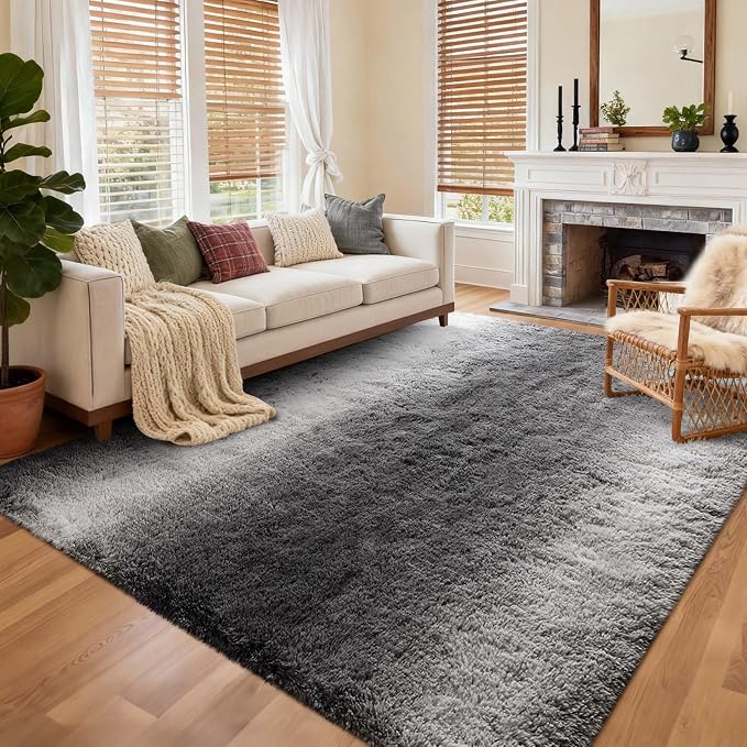 Area Rugs for Living Room, 6x9 Feet Soft Fluffy Plush Rug High Pile Non-Slip Floor Carpet for Bedroom Dorm Decor Aesthetic Grey White Gradient