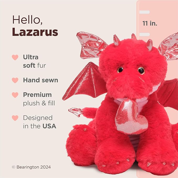 Bearington Lazarus The Love Dragon Stuffed Animal Valentine's Day Plush, Ideal for Valentine's Gift for Kids, Boyfriend or Girlfriend, Stuffy, 11 Inch
