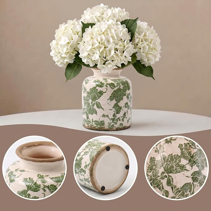 Vintage Green Ceramic Vase for Flower, Decorative Vases for Home Decor | 6.2in Rustic Tuscan Style Scroll Floral Holder, White Vase for Living Room, Mantel, Kitchen, Centerpieces, Tables