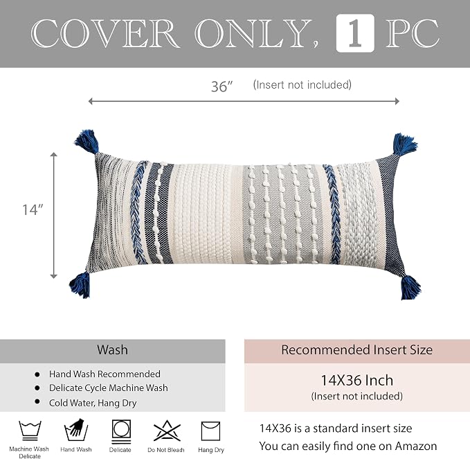 Navy Dark Blue Boho Decorative Lumbar Pillow Cover 14x36, Long Body Pillow for Bed, Accent Lumbar Throw Pillow for Couch, Modern Farmhouse Textured Pillowcase