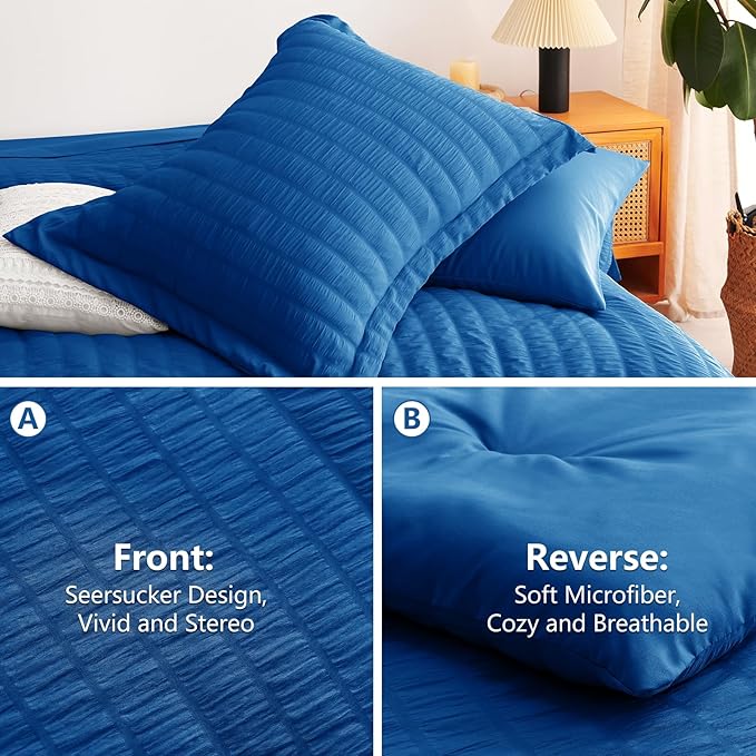 CozyLux King Size Comforter Set Classic Blue Seersucker 7 Pieces Bed in a Bag King Comforter Set with Sheets, Luxury Bedding Set with Down Alternative Comforter, Sheets, Pillowcases & Shams All Season