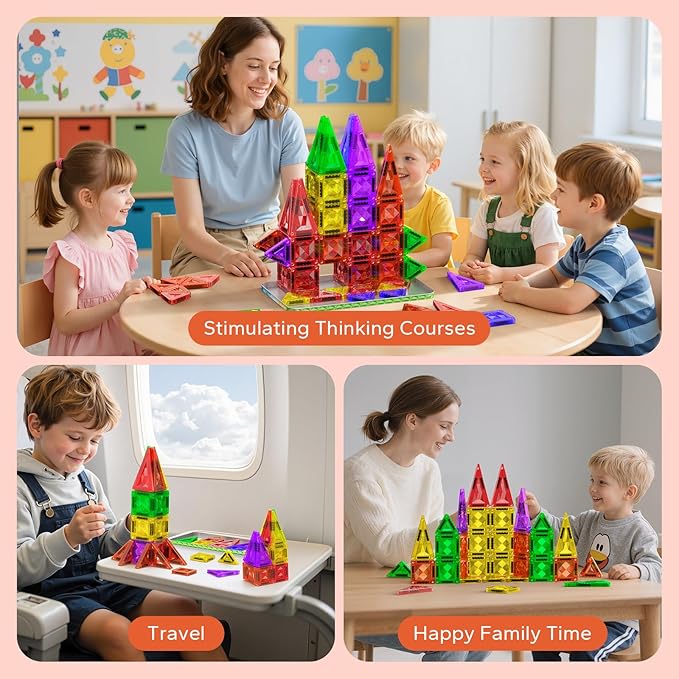 Mini Magnetic Tiles, 80PCS Diamond Pattern Travel Magnetic Tiles Building Set with Case, Construction Toys for Kids 4-8 Portable Classroom Educational Learning Toddler Toys for Boys Girls Gift Ages 3+