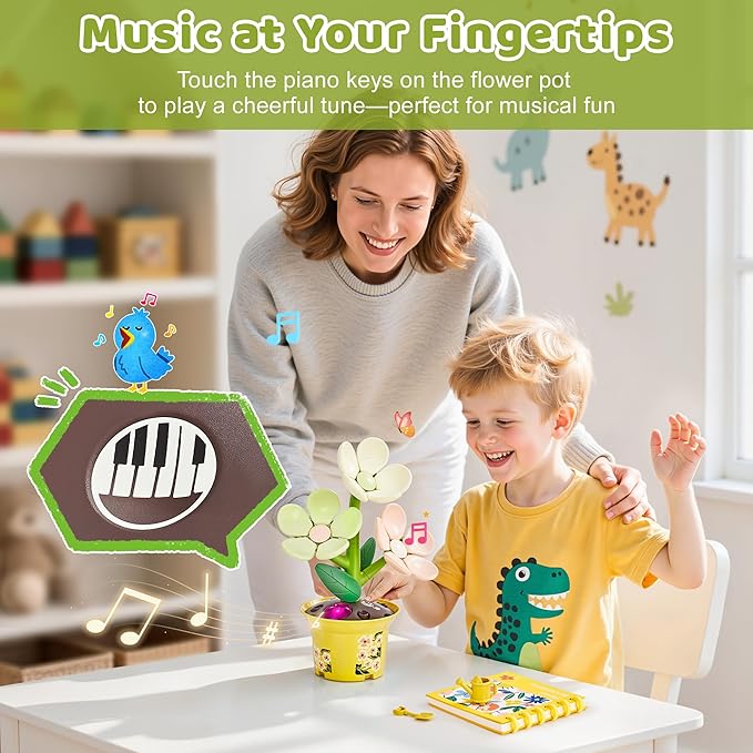 Flower Building Toy with Music, Flowers Botanical Plants Blocks Sets Kits, Halloween Birthday Thanksgiving Gift Ideas for Kid Girl Boy Child, Home Dorm Room Desk Decor, Ages 5 6 7 8, Heronsbill
