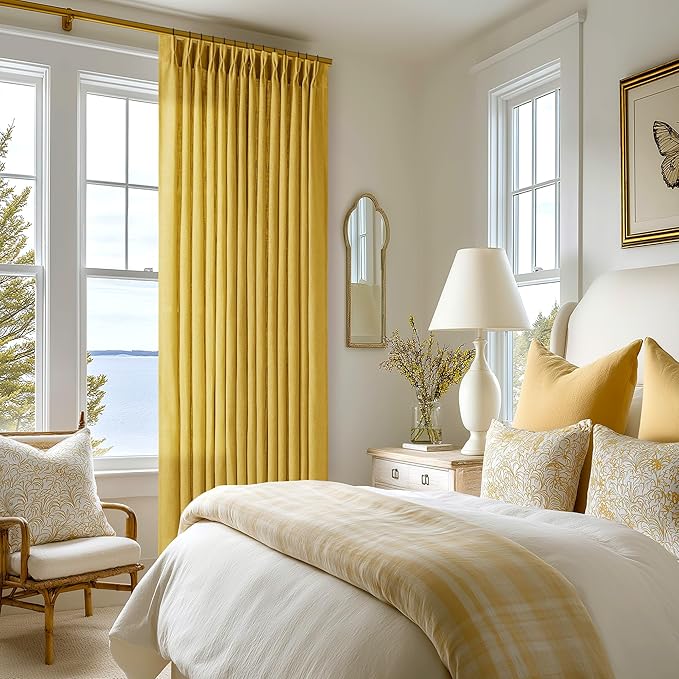 TWODRAPES Mustard Yellow 80 Inch Pinch Pleated Linen Light Filtering Curtains 2 Panels
