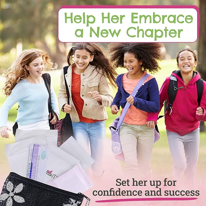 First Period Kit to-Go! - Organic Eco-Friendly Tween Pads & Liner - Period Bags for Teen Girls for School - Period Pouch & Teen Pads for Girls Ages 11-14, Teen Pads for Periods - Pads for Teens Girls