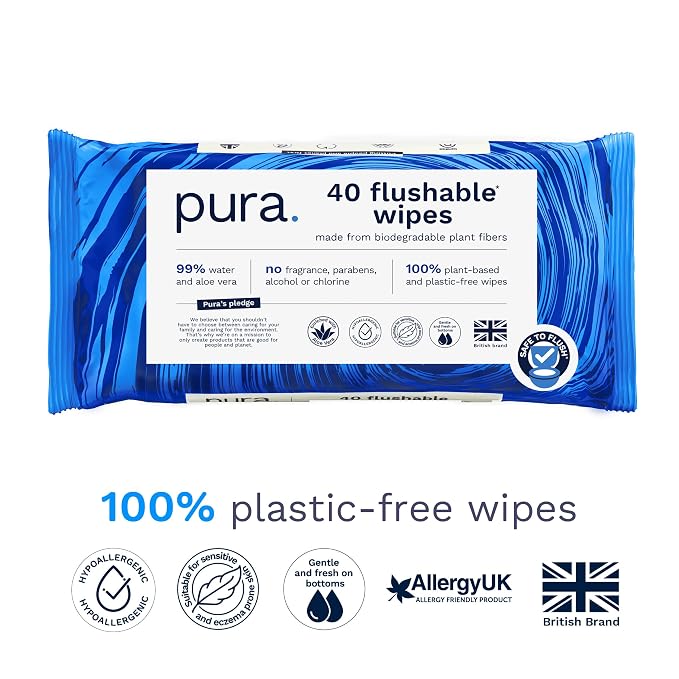 Pura Adult XL Flushable Unscented Wipes, 1 Pack of 40 Toilet Wipes Adult Wet Wipes, 99% Water & Aloe Vera, Personal Cleansing Wipes, Sensitive Skin