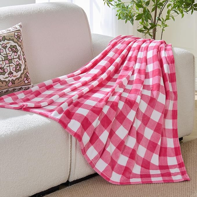 BEDELITE Plaid Fleece Throw Blanket, Pink & White Buffalo 60x80 Inches | 100% Polyester Microfibe, Soft Cozy, Lightweight Warm, Classic Buffalo Plaid, Room Decor, Gift for Women Girls, for Couch Bed