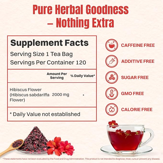 Hiihone Hibiscus Tea Bags 120 Count – Pure Hibiscus Flower Herbal Tea, Caffeine-Free, Tart & Refreshing Flavor, Rich in Antioxidants, Non-GMO, Natural Herbal Tea for Hot or Iced Tea