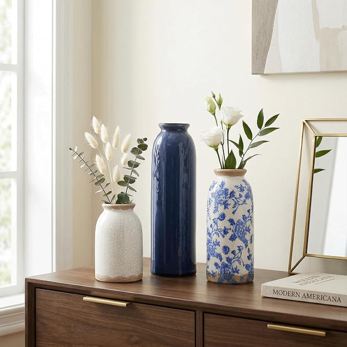 Vintage Ceramic Vase Set of 3, Blue and White Small Flower Vase Chinoiserie Rustic Modern Farmhouse Centerpiece Decorative Vases for Table Entryway Bookshelf Living Room Kitchen Home Decor