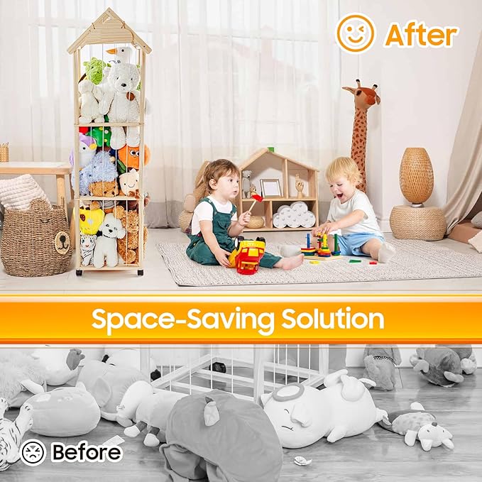 Stuffed Animal Storage,Stuff Animal Organizer Display Wood Zoo Animals Toy Holder with Length Adjustable,360° Swivel Wheels Simple Installation for Nursery Play Room Bedroom