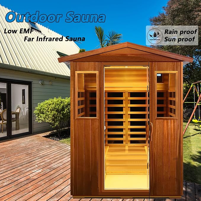 Kanlanth Outdoor Sauna 4 Person Low EMF Far Infrared Sauna for Home, 2050W Mahogany Wooden Sauna Room for Outdoor Indoor Home, with Blue-Tooth, LCD, LED