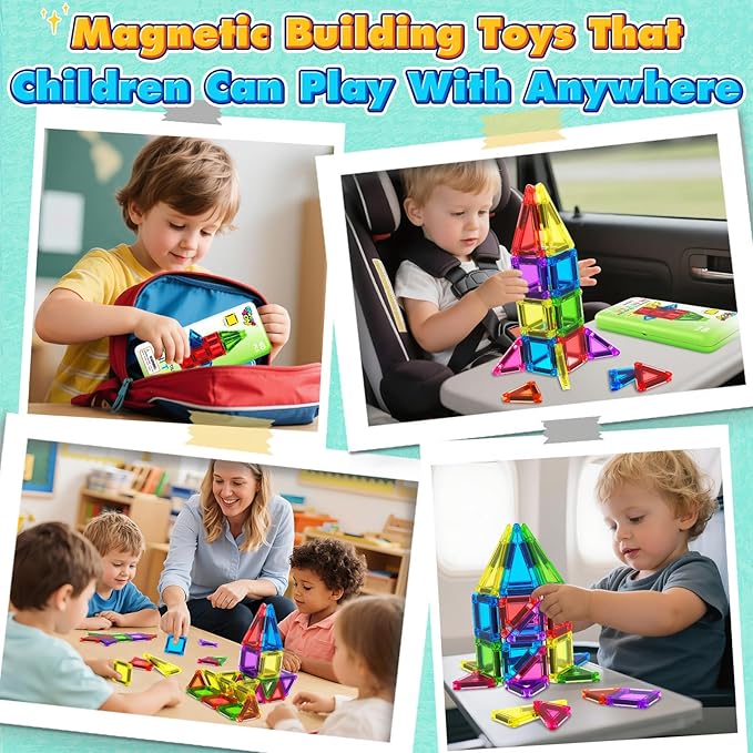 Mini Magnetic Tiles Toddler Travel Essentials Toys with Case Set, Magnetic Building Blocks Kids Games, Montessori Preschool Education Sensory Toys for 3 4 5 Year Old Boys Girls Birthday Gifts
