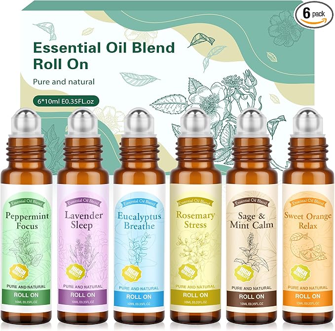 Essential Oil Roll On for Self Care - Aromatherapy Oil Gift for Women Men, Portable Aromatherapy Blend for Relaxation - Self Care Gifts for Women Valentines Birthday Christmas Moms Day -6 x 10ml