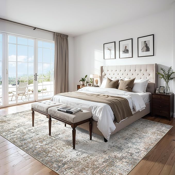 Area Rugs Living Room Rug - 4x6 Washable Modern Abstract Soft Neutral Non-Slip Carpet Large Indoor Floor Stain Resistant Thin Carpets for Bedroom Dining Room Farmhouse Nursery Home Office Brown Grey